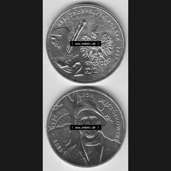 Grau bzw. s/w Münzen Polen Gedenkmünze 2007-2007, 2 Zloty, Polnische Maler - Leon Wyczolkowski, Münzseiten Untereinander als Bildmaterial Sammlung Graustufen