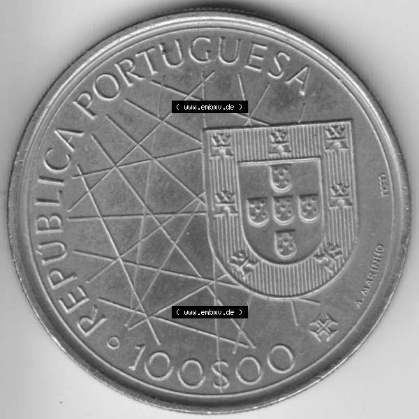 Grau bzw. s/w Münzen Portugal Gedenkmünze 1989-1989, 100 Escudos, Arouipelago Dos Acores, 1439-1989. Vorderseite der Gedenkmünze aus Portugal zum katalogisieren im Münzen-Katalog... Sammlung Graustufen