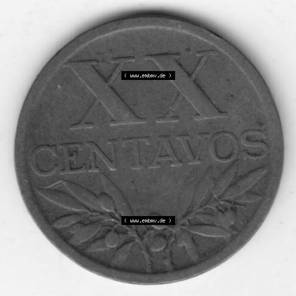 Grau bzw. s/w Münzen Portugal Umlaufmünze 1942-1969, 20 Centavos 1949. Vorderseite der Escudo Umlaufmünze aus Portugal vor EInführung der Euromünzen in Portugal zum katalogisieren... Sammlung Graustufen