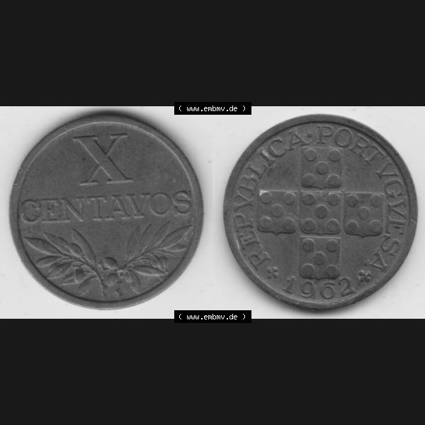 Grau bzw. s/w Münzen Portugal Umlaufmünze 1942-1969, 10 Centavos 1962. Vorderseite und Rückseite auf einen Bild/Foto der portugiesischen Umlaufmünze aus Portugal vor der Euro-Einführung... Sammlung Graustufen