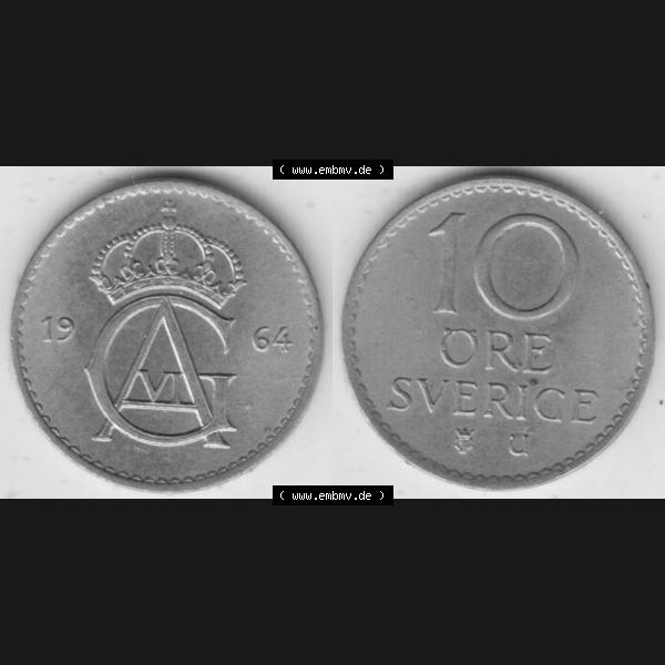 Grau bzw. s/w Münzen Schweden Umlaufmünze 1962-1973, 10 Öre 1964. Münzen aus Schweden als Bildmaterial für Sammler und Münzen-Webseiten hier im online Katalog und Datenbank... Sammlung Graustufen