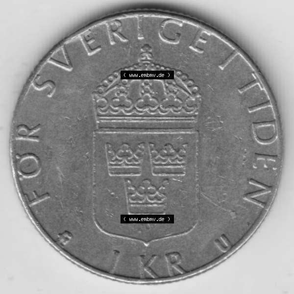 Grau bzw. s/w Münzen Schweden Umlaufmünze 1976-1981, 1 Krone 1977, Bild mit Rückseite der Münze als Bildmaterial Sammlung Graustufen