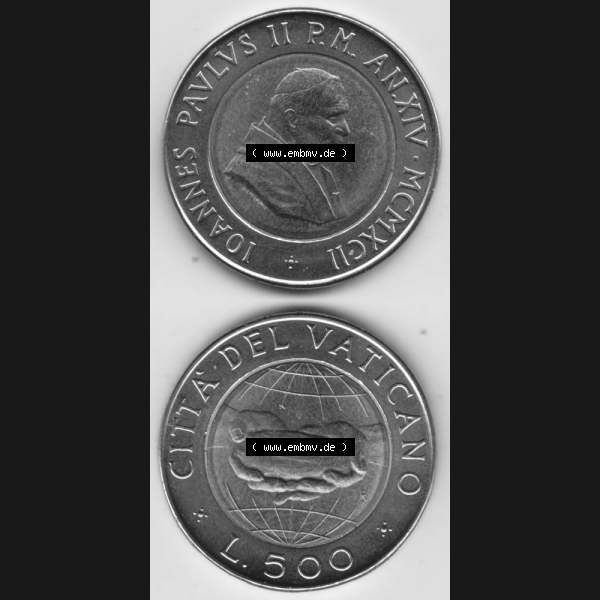 Grau bzw. s/w Münzen Vatikan / Vatikanstadt Umlaufmünze 1992-1992, 500 Lire Papst Giovanni Paolo II, Münzseiten Untereinander als Bildmaterial. Münze aus dem Vatikan der Vatikanstadt... Sammlung Graustufen