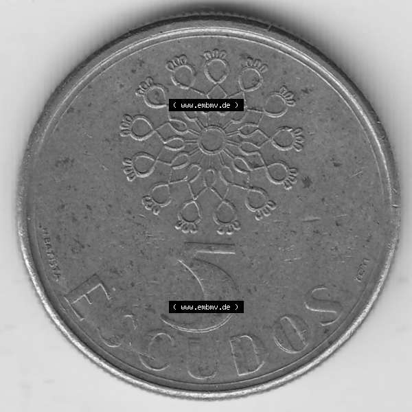 Grau bzw. s/w Münzen Portugal Umlaufmünze 1986-2001, 5 Escudos 1990. Vorderseite der Escudo Umlaufmünze aus Portugal vor EInführung der Euromünzen in Portugal zum katalogisieren... Sammlung Graustufen