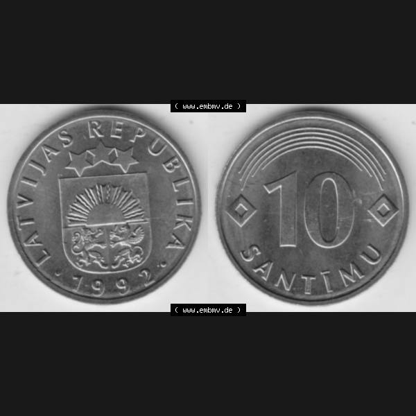 Grau bzw. s/w Münzen Lettland Umlaufmünze 1992-2008, 10 Santimu 1992, Bild mit horizontaler Vollansicht als Bildmaterial Sammlung Graustufen