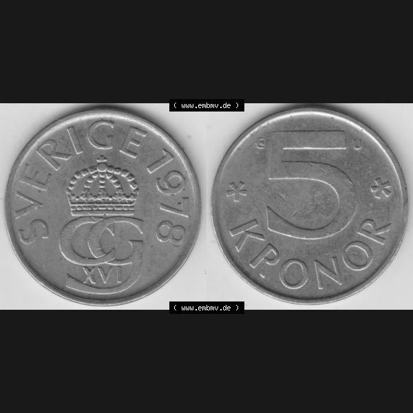 Grau bzw. s/w Münzen Schweden Umlaufmünze 1976-1990, 5 Kronen 1978, Bild mit Vollansicht als Bildmaterial Sammlung Graustufen