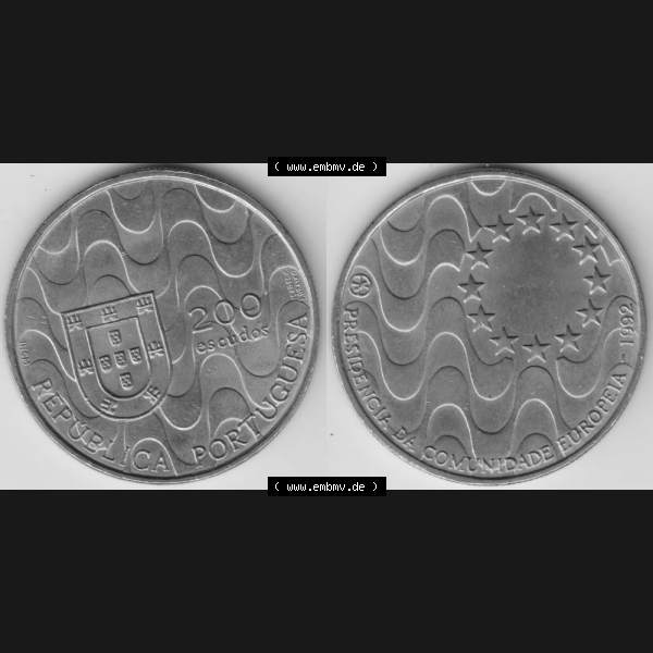Grau bzw. s/w Münzen Portugal Gedenkmünze 1992-1992, 200 Escudos, Presidencia da Comunidade Europeia. Vorderseite und Rückseite auf einen Bild/Foto der portugiesischen Gedenkmünze... Sammlung Graustufen