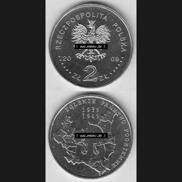 Grau bzw. s/w Münzen Polen Gedenkmünze 2009-2009, 2 Zloty, 70. Jahrestag - polnische Untergrundbewegung, Münzseiten Untereinander als Bildmaterial Sammlung Graustufen