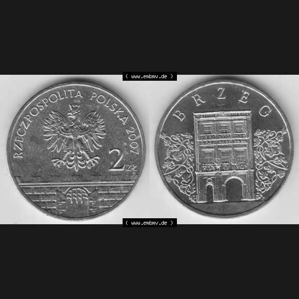 Grau bzw. s/w Münzen Polen Gedenkmünze 2007-2007, 2 Zloty, Historische Städte in Polen - Brzeg, Bild mit Vollansicht als Bildmaterial Sammlung Graustufen