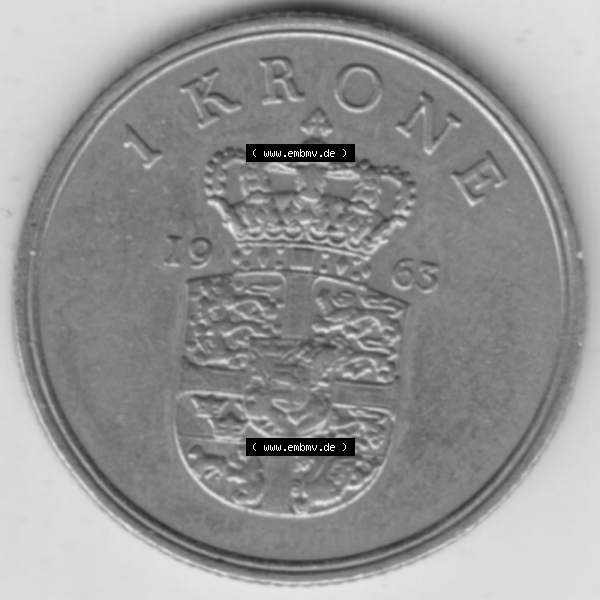 Grau bzw. s/w Münzen Dänemark Umlaufmünze 1960-1972, 1 Krone 1963, König Frederick IX. Rückseite der alten dänischen Umlaufmünze aus Dänemark zum katalogisieren... Sammlung Graustufen