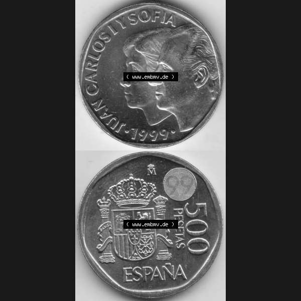 Grau bzw. s/w Münzen Spanien Umlaufmünze 1993-2001, 500 PTAS, Peseten 1999, Münze aus Spanien, Umlaufmünze / aus Zahlungsverkehr mit Münzseiten Vertikal / Untereinander... Sammlung Graustufen