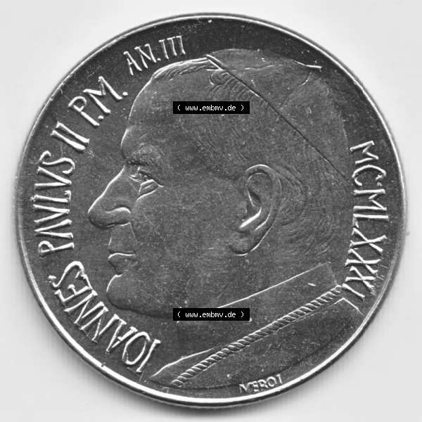 Grau bzw. s/w Münzen Vatikan / Vatikanstadt Umlaufmünze 1981-1981, 100 Lire Papst Johannes Paul II, Bild mit Vorderseite der Münze als Bildmaterial. Münze aus dem Vatikan der... Sammlung Graustufen