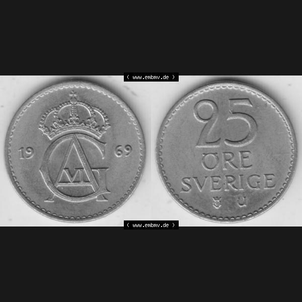 Grau bzw. s/w Münzen Schweden Umlaufmünze 1962-1973, 25 Öre 1969. Münzen aus Schweden als Bildmaterial für Sammler und Münzen-Webseiten hier im online Katalog und Datenbank... Sammlung Graustufen