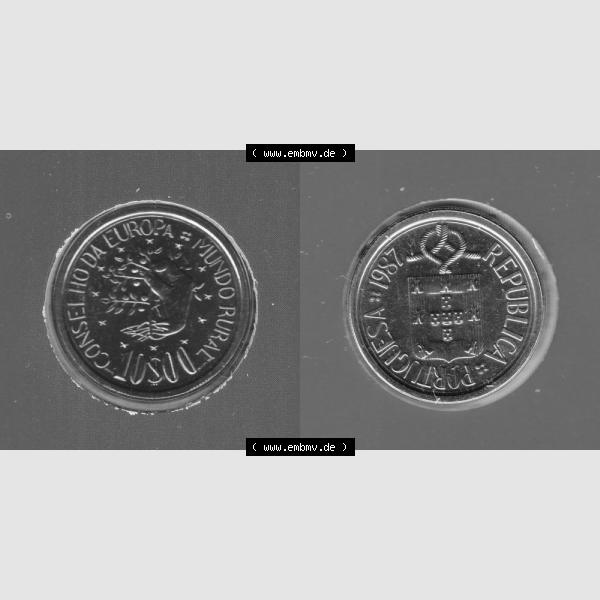 Grau bzw. s/w Münzen Portugal KMS Umlaufmünze 1987, 10 Escudo I. Vorderseite und Rückseite auf einen Bild/Foto der portugiesischen Umlaufmünze aus Portugal vor der Euro-Einführung... Sammlung Graustufen