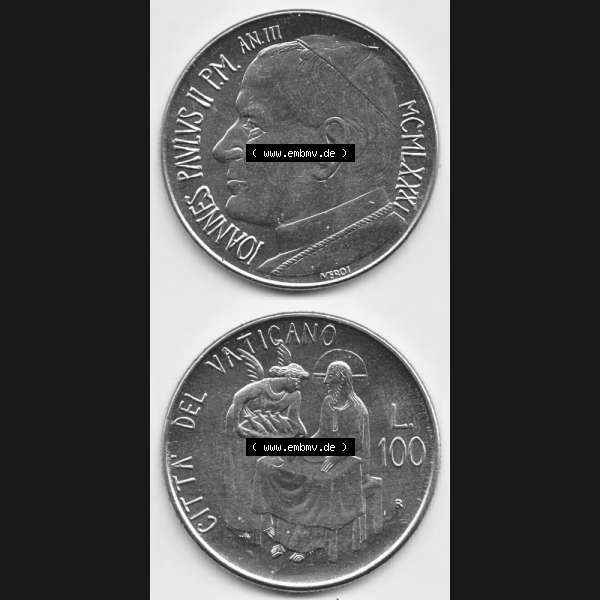 Grau bzw. s/w Münzen Vatikan / Vatikanstadt Umlaufmünze 1981-1981, 100 Lire Papst Johannes Paul II, Münzseiten Untereinander als Bildmaterial. Münze aus dem Vatikan der Vatikanstadt... Sammlung Graustufen