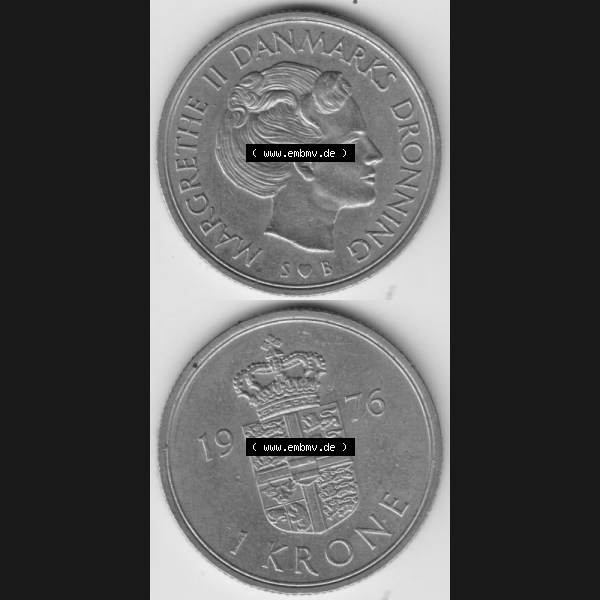 Grau bzw. s/w Münzen Dänemark Umlaufmünze 1976, 1 Krone. Vorderseite und Rückseite vertikal auf einen digitalen Bild der alten dänischen Umlaufmünze aus Dänemark zum katalogisieren... Sammlung Graustufen