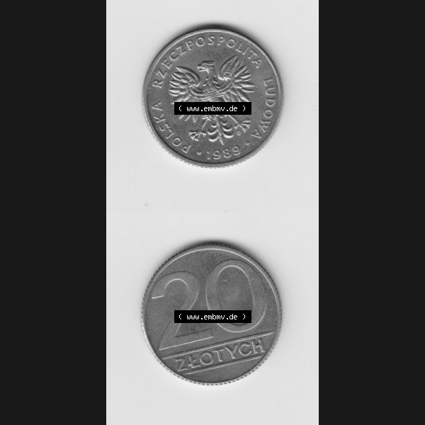 Grau bzw. s/w Münzen Polen Umlaufmünze 1989-1990, 20 Zlotych 1989, Münzseiten Untereinander als Bildmaterial Sammlung Graustufen