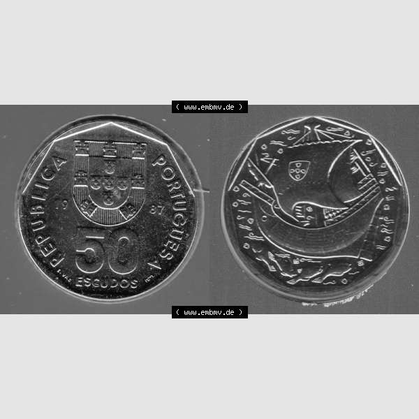 Grau bzw. s/w Münzen Portugal KMS Umlaufmünze 1987, 50 Escudos. Vorderseite und Rückseite auf einen Bild/Foto der portugiesischen Umlaufmünze aus Portugal vor der Euro-Einführung... Sammlung Graustufen