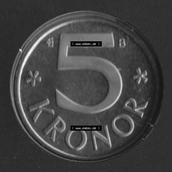 Grau bzw. s/w Münzen Schweden Umlaufmünze 1993-2009, 5 Kronen 2001 KMS, Bild mit Rückseite der Münze als Bildmaterial Sammlung Graustufen