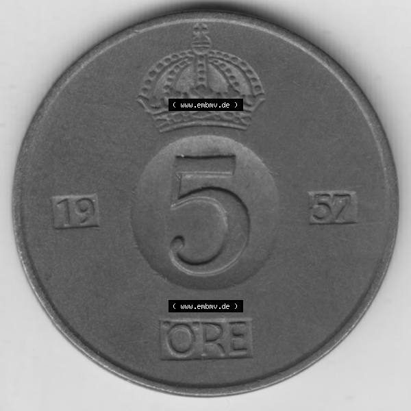 Grau bzw. s/w Münzen Schweden Umlaufmünze 1952-1971, 5 Öre 1957, Bild mit Rückseite der Münze als Bildmaterial Sammlung Graustufen