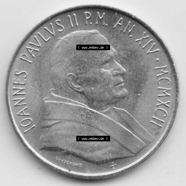 Grau bzw. s/w Münzen Vatikan / Vatikanstadt Umlaufmünze 1992-1992, 200 Lire Papst Giovanni Paolo II, Bild mit Vorderseite der Münze als Bildmaterial. Münze aus dem Vatikan... Sammlung Graustufen