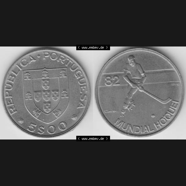 Grau bzw. s/w Münzen Portugal Gedenkmünze 1982-1982, 5 Escudo Mundial Hoquei Rollhockey-Weltmeisterschaft 1982. Vorderseite und Rückseite auf einen Bild/Foto der portugiesischen Gedenkmünze... Sammlung Graustufen