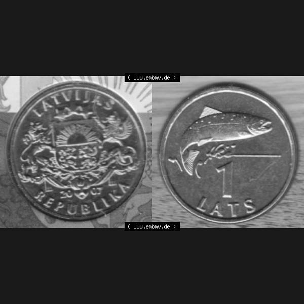 Grau bzw. s/w Münzen Lettland Umlaufmünze 1992-2008, 1 Lats 2007, aus Münzensatz Bild mit horizontaler Vollansicht als Bildmaterial Sammlung Graustufen