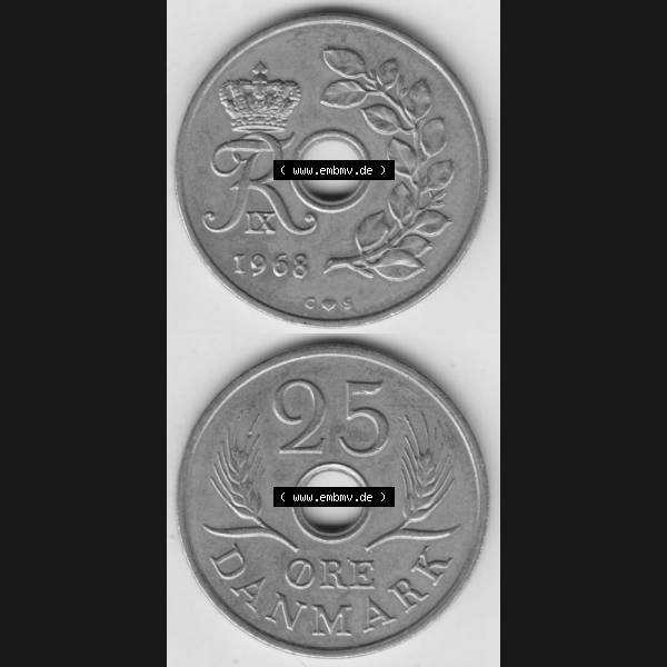 Grau bzw. s/w Münzen Dänemark Umlaufmünze 1966-1972, 25 Öre 1968 II.. Vorderseite und Rückseite vertikal auf einen digitalen Bild der alten dänischen Umlaufmünze... Sammlung Graustufen