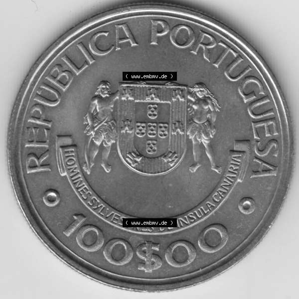 Grau bzw. s/w Münzen Portugal Gedenkmünze 1989-1989, 100 Escudos Ilhas Canarias. Vorderseite der Gedenkmünze aus Portugal zum katalogisieren im Münzen-Katalog und der Verwaltung auf... Sammlung Graustufen