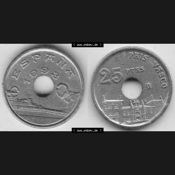 Grau bzw. s/w Münzen Spanien Umlaufmünze 1993-1993, 25 PTAS - Peseten 1993, Bild mit Vollansicht als Bildmaterial Sammlung Graustufen