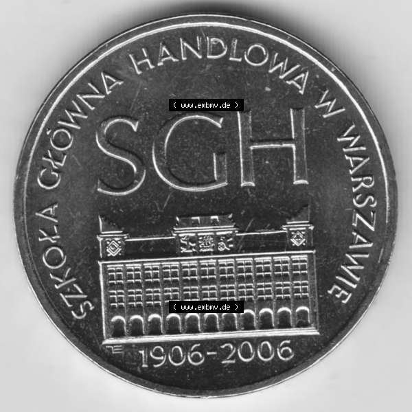 Grau bzw. s/w Münzen Polen Gedenkmünze 2006-2006, 2 Zloty, 100 Jahre Warschauer Hochschule für Wirtschaft, Bild mit Rückseite der Münze als Bildmaterial Sammlung Graustufen