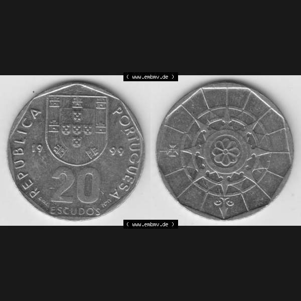 Grau bzw. s/w Münzen Portugal Umlaufmünze 1998-2001, 20 Escudos 1999. Vorderseite und Rückseite auf einen Bild/Foto der portugiesischen Umlaufmünze aus Portugal vor der Euro-Einführung... Sammlung Graustufen