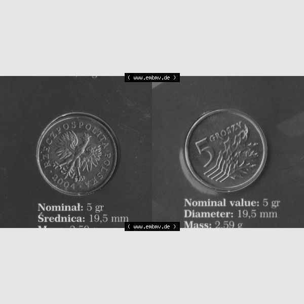 Grau bzw. s/w Münzen Polen KMS Umlaufmünze 2004, 5 Groszy, Bild mit Vollansicht als Bildmaterial Sammlung Graustufen