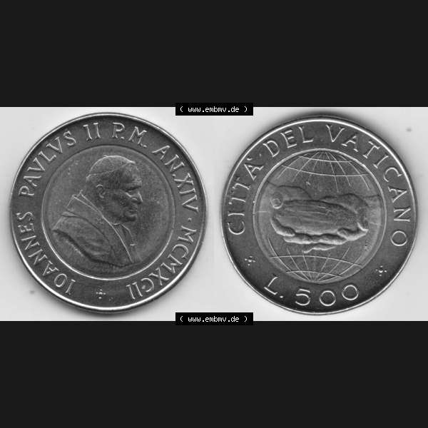 Grau bzw. s/w Münzen Vatikan / Vatikanstadt Umlaufmünze 1992-1992, 500 Lire Papst Giovanni Paolo II, Bild mit Vollansicht als Bildmaterial. Münze aus dem Vatikan der Vatikanstadt... Sammlung Graustufen