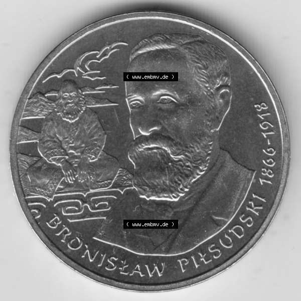 Grau bzw. s/w Münzen Polen Gedenkmünze 2008-2008, 2 Zloty, Polnische Reisende und Entdecker - Bronisław Piotr Piłsudski (1866-1918), Bild mit Rückseite der Münze... Sammlung Graustufen