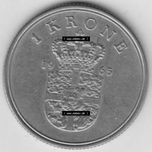 Grau bzw. s/w Münzen Dänemark Umlaufmünze 1960-1972, 1 Krone 1965, König Frederick IX. Rückseite der alten dänischen Umlaufmünze aus Dänemark zum katalogisieren... Sammlung Graustufen