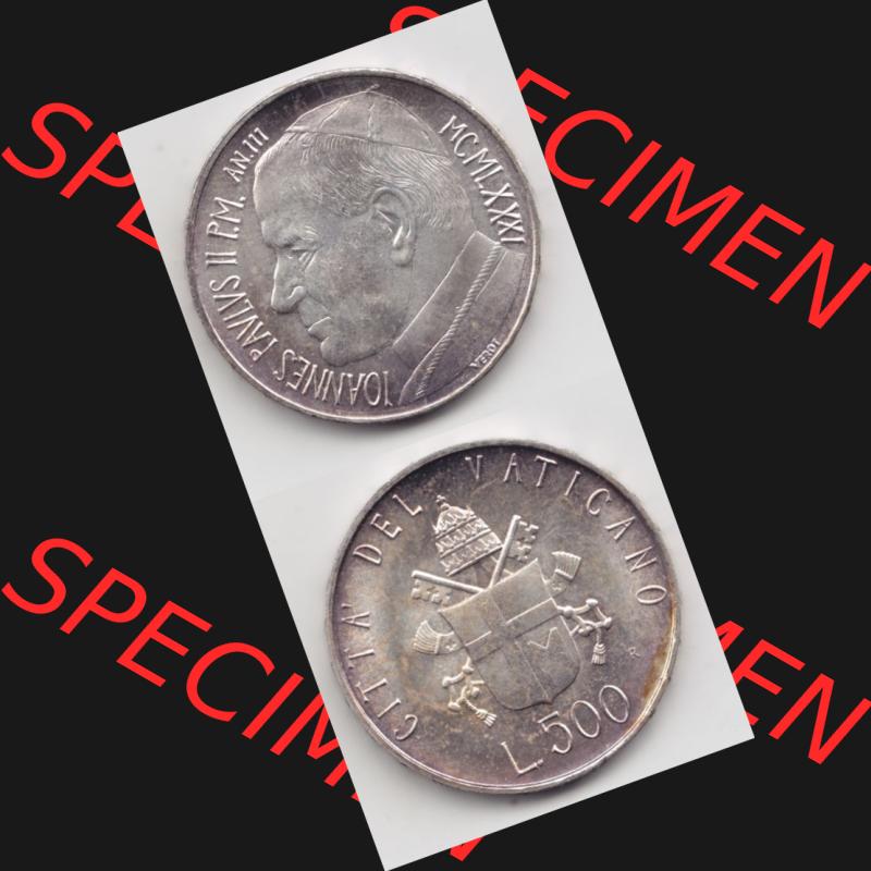Münzen Vatikan / Vatikanstadt Umlaufmünze 1981-1981, 500 Lire Silbermünze Papst Johannes Paul II, Münzseiten Untereinander als Bildmaterial. Münze aus dem... Sammlung