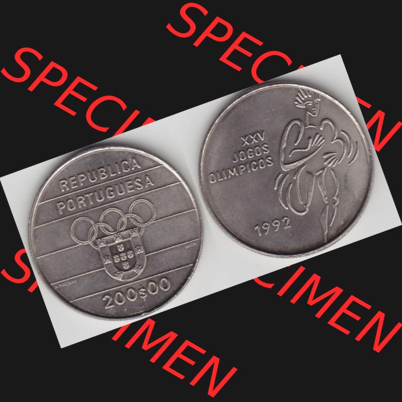 Münzen Portugal Gedenkmünze 1992-1992, 200 Escudo, XXV Jogos Olimpicos. Vorderseite und Rückseite auf einen Bild/Foto der portugiesischen Gedenkmünze aus Portugal... Sammlung