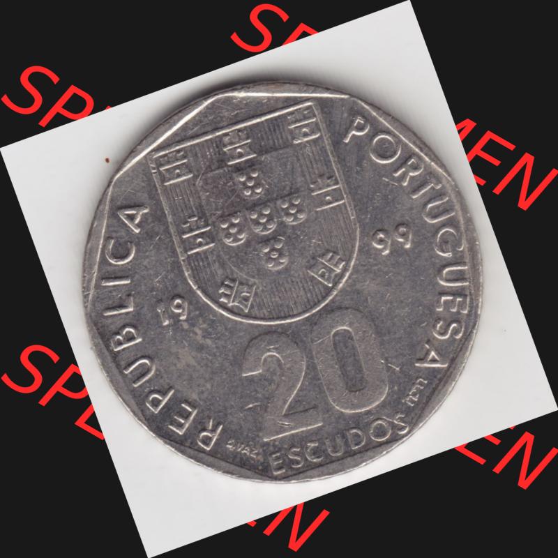 Münzen Portugal Umlaufmünze 1998-2001, 20 Escudos 1999. Vorderseite der Escudo Umlaufmünze aus Portugal vor EInführung der Euromünzen in Portugal zum katalogisieren... Sammlung