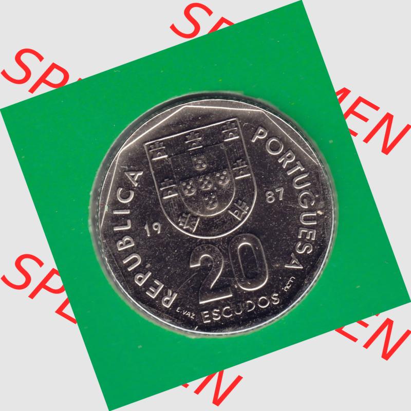 Münzen Portugal KMS Umlaufmünze 1987, 20 Escudos. Vorderseite der Escudo Umlaufmünze aus Portugal vor EInführung der Euromünzen in Portugal zum katalogisieren im vor... Sammlung