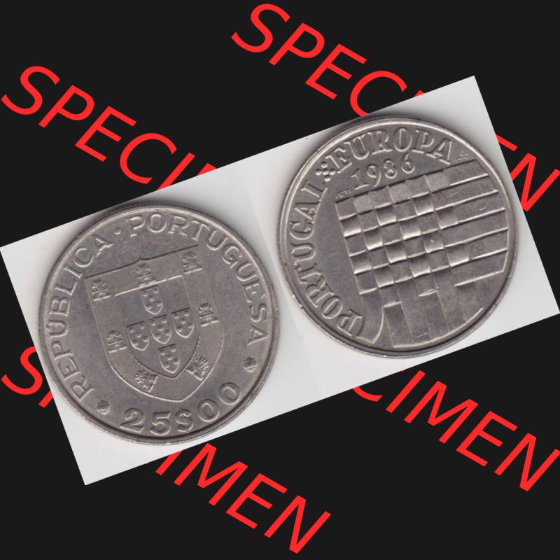 Münzen Portugal Gedenkmünze 1986-1986, 25 Escudos Portugal-Europa 1986. Vorderseite und Rückseite auf einen Bild/Foto der portugiesischen Gedenkmünze aus Portugal vor... Sammlung
