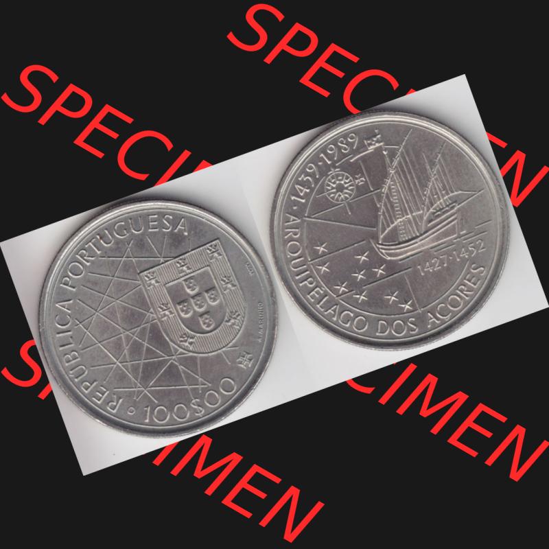 Münzen Portugal Gedenkmünze 1989-1989, 100 Escudos, Arouipelago Dos Acores, 1439-1989. Vorderseite und Rückseite auf einen Bild/Foto der portugiesischen Gedenkmünze... Sammlung