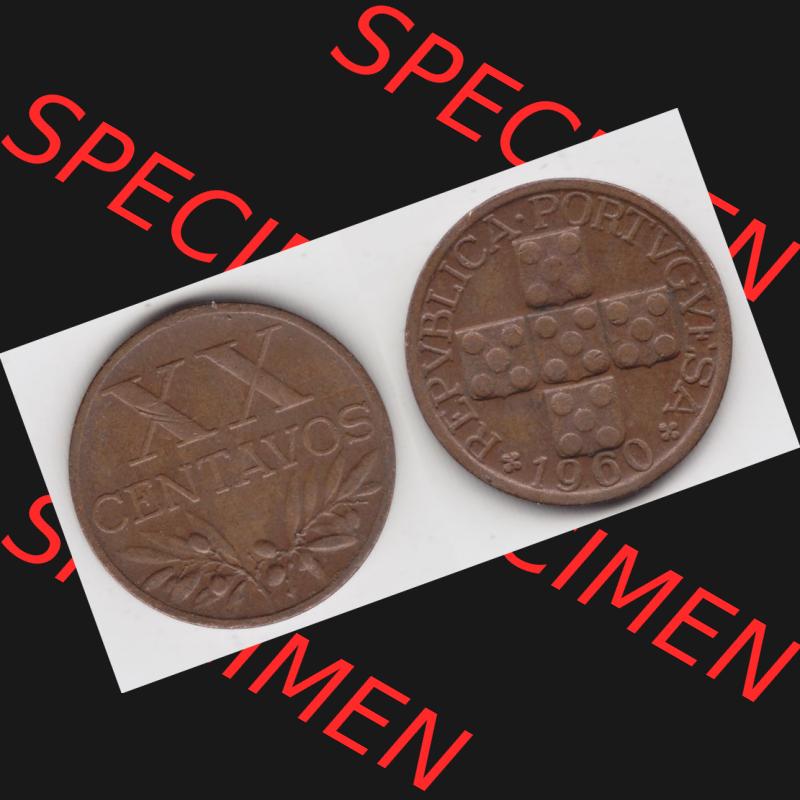 Münzen Portugal Umlaufmünze 1942-1969, 20 Centavos 1960. Vorderseite und Rückseite auf einen Bild/Foto der portugiesischen Umlaufmünze aus Portugal vor der Euro-Einführung... Sammlung