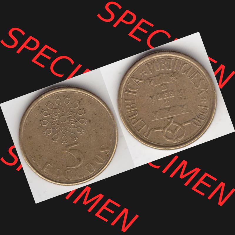Münzen Portugal Umlaufmünze 1986-2001, 5 Escudos 1990. Vorderseite und Rückseite auf einen Bild/Foto der portugiesischen Umlaufmünze aus Portugal vor der Euro-Einführung... Sammlung
