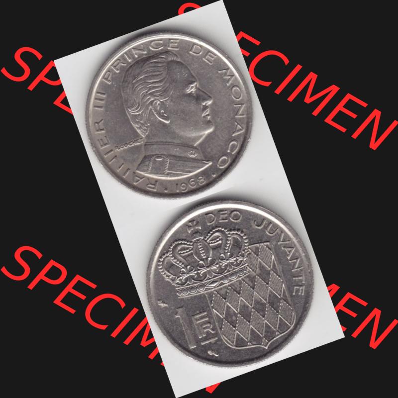 Münzen Monaco Umlaufmünze 1960-1995, 1 Fr, Franc, Franken Rainier III Prince de Monaco I. 1968, Münzseiten Untereinander als Bildmaterial Sammlung