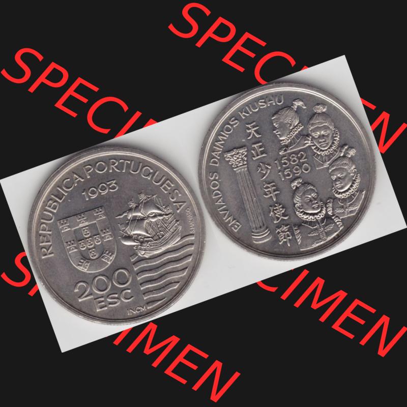 Münzen Portugal Gedenkmünze 1993-1993, 200 Escudos, Enviados Daimios Kiushu. Vorderseite und Rückseite auf einen Bild/Foto der portugiesischen Gedenkmünze aus... Sammlung