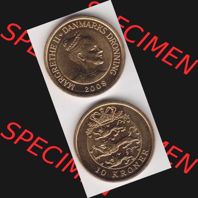 Münzen Dänemark Umlaufmünze 2008, 10 Kroner, Kronen. Vorderseite und Rückseite vertikal auf einen digitalen Bild der alten dänischen Umlaufmünze aus Dänemark... Sammlung
