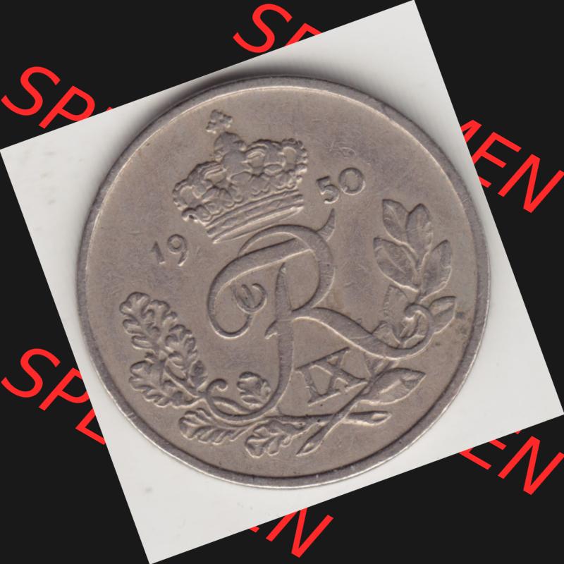 Münzen Dänemark Umlaufmünze 1948-1960, 25 Öre 1950. Vorderseite der alten dänischen Umlaufmünze aus Dänemark zum katalogisieren und verwalten im Münzen-Katalog... Sammlung