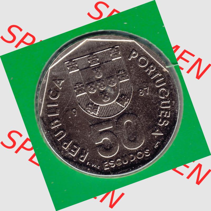 Münzen Portugal KMS Umlaufmünze 1987, 50 Escudos. Vorderseite der Escudo Umlaufmünze aus Portugal vor EInführung der Euromünzen in Portugal zum katalogisieren im vor... Sammlung