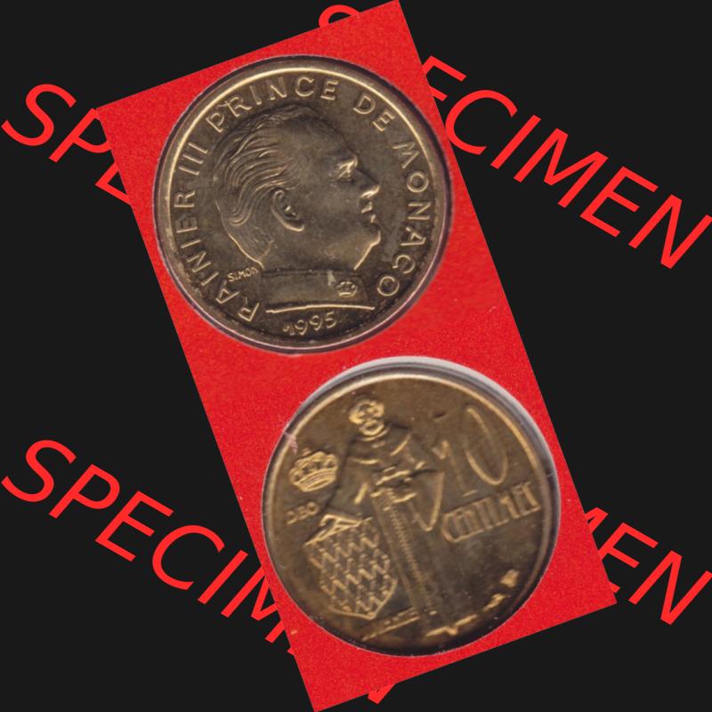 Münzen Monaco Umlaufmünze 1962-1995, 10 Centimes 1995, Münzseiten Untereinander als Bildmaterial Sammlung